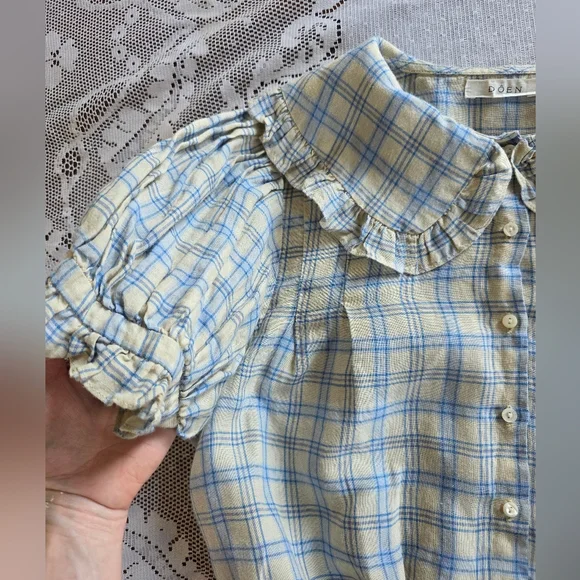 Dôen Sparrow Top In Blue Meadowlark Plaid Ramie Size Small - Picture 9 of 16